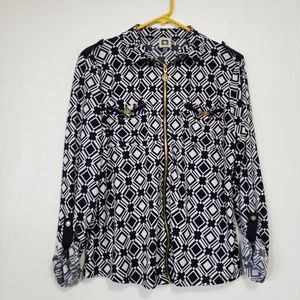 Anne Klein | Blue and white zip-up blouse